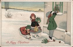 A Happy Christmas -- three children with presents and a tree Postcard