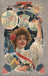 July 4 -- Woman with Fireworks Postcard