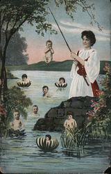 Woman Fishing for Babies in a Lake Postcard