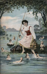 Girl Fishing for Babies in River Postcard