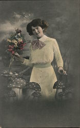 Portrait of Woman Holding Flowers, Mushrooms Postcard