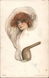 Drawing of Girl in Pipe Smoke Postcard