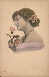 Portrait of Woman Smelling Rose Women Postcard Postcard Postcard