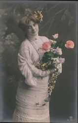 Woman Posing Holding Flowers Postcard