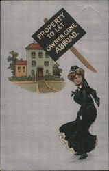 "Property to Let, Owner Gone Abroad" with a Woman walking toward the property Postcard