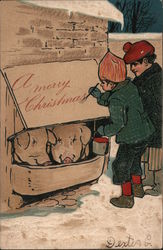 Children Writing in Snow: A Merry Christmas Postcard Postcard Postcard