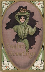 Easter Greetings -- Woman in a large Edwardian Hat Breaks out of an Egg Eggs Postcard Postcard Postcard