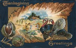 Thanksgiving Greetings -- Two turkeys and a farm. Postcard