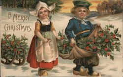 Two Children Gathering Holly for Christmas: A Merry Christmas Postcard