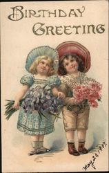 Birthday Greetings -- 2 Little Girls Holding Flowers Postcard