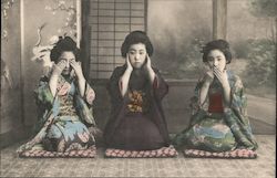 Japanese ladies posing as three wise monkeys. Postcard