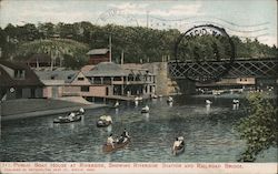 Public Boat House at Riverside, Showing Riverside Station and Railroad Bridge Postcard