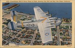 Consolidated PB2-Y-2 Navy Plane in Flight, Showing City Hall and Bay San Diego, CA Postcard Postcard Postcard