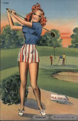 "Winsome" Redhead in a Blue Sweater, Golf Course Postcard