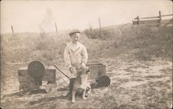 Boy with His Dog in Field with Wagon, Toys Postcard