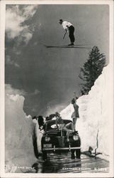 Up and Over! Skier Jumping Over Car, Pinup Postcard