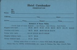 Hotel Cornhusker Reservation Card, Lincoln, Nebraska Postcard