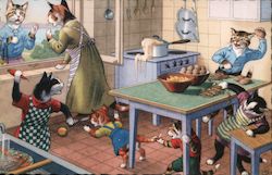 Anthropomorphic cats in the kitchen Postcard Postcard Postcard