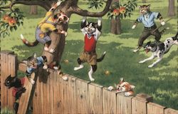 Cats in Clothing Climbing a Tree and Fence Postcard