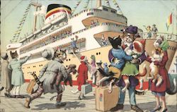 Cats Embark on a Cruise, Waving Farewell Alfred Mainzer (Eugen Hurtong) Postcard Postcard Postcard