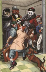 Cats in Clothing with Dogs on an Elevator Postcard