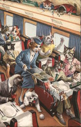 Anthropomorphic cats spilling food on a train Postcard