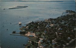 The Mystic Whaler sails down the Mystic River past Noank towards Fisher's Island and Long Island Sound Connecticut Postcard Post Postcard