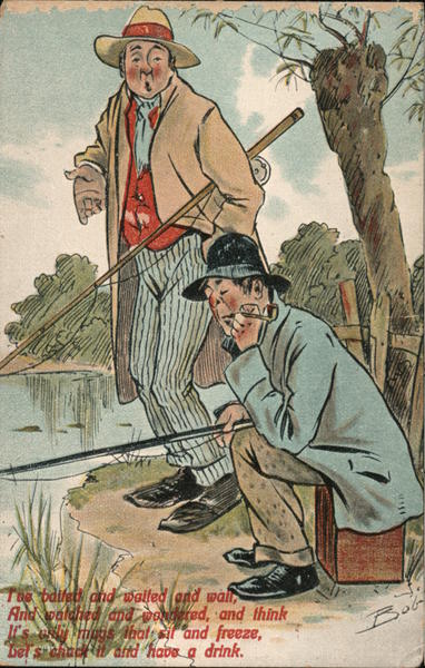 Two Men Fishing Comic, Funny Postcard