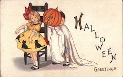 Halloween Greetings. Boy in costume scaring girl. Postcard