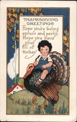 Thanksgiving Greetings - A Boy Riding a Turkey Turkeys Postcard Postcard Postcard