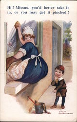 Hi! Missus, you better take it in or you may get it pinched! Comic, Funny Postcard Postcard Postcard