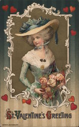 St. Valentine's Greeting - A Woman Holding Flowers Wearing a Large Hat Postcard