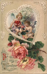 Be My Valentine - Two Angels Holding a Heart and a Basket Postcard