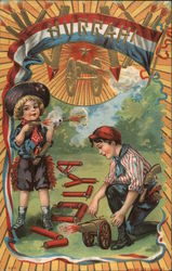 HURRAH! JULY 4 - KIDS PLAYING WITH FIREWORKS 4th of July Postcard Postcard Postcard