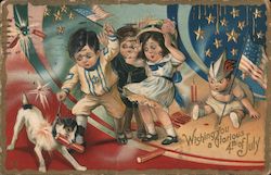 Wishing you a Glorious 4th of July - Kids Chasing a Dog with a Firework in it's Mouth Postcard