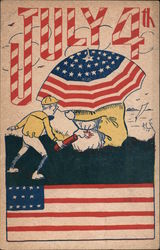 July 4th -- Boy with lit firecracker sneaks up behind a couple under a stars-and-stripes umbrella 4th of July Postcard Postcard Postcard