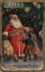 Xmas - Santa Greeting Two Young Children Santa Claus Postcard Postcard Postcard