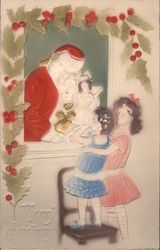 Merry Christmas - Santa Talking to Two Girls Through a Window Santa Claus Postcard Postcard Postcard