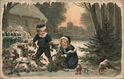 A Happy Christmas - Two Children Gathering Holly in the Snow Postcard Postcard Postcard