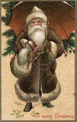 Santa in Brown Robe Holding an Umbrella Postcard