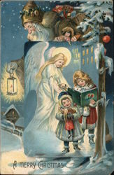 A Merry Christmas, Santa in Brown, Angel, Children Angels Postcard Postcard Postcard