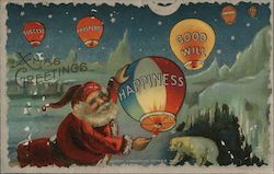 Xmas Greetings - Santa Lighting Sky Lanterns Santa Claus Postcard Postcard Postcard