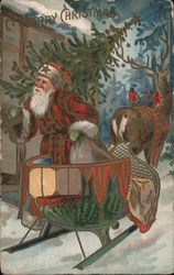 A Merry Christmas - Santa Being Pulled in a Sleigh by a Reindeer Postcard