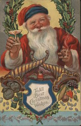 To All Best Christmas Wishes - Santa Holding a Glass and Cigar Santa Claus Postcard Postcard Postcard