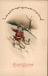 A Merry Christmas - A Child Sledding Down Hill Children Postcard Postcard Postcard