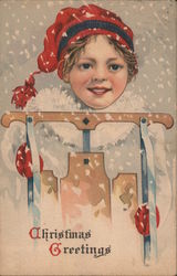 Christmas Greetings - A Girl Holding a Sled Children Postcard Postcard Postcard