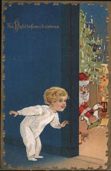 The Night Before Christmas - A Child Peeks As Santa Puts Presents Under the tree Postcard