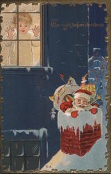 The Night Before Christmas - A Child Watches out a Window as Santa Goes Down the Chimney Postcard