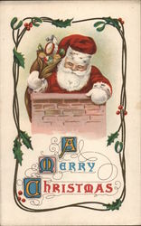 A Merry Christmas-Santa going down a chimney. Postcard