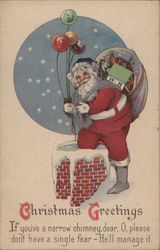 Christmas Greetings - Santa Going Down a Chimney Postcard